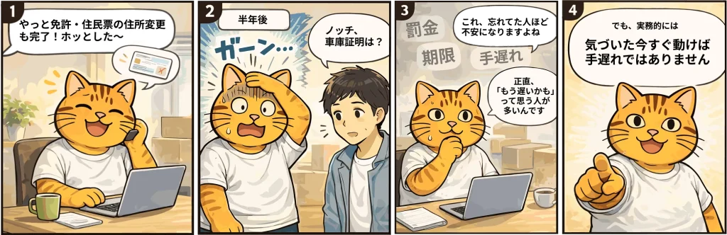 免許・住民票の住所更新も完了したが、車庫証明の手続きをしていないことを指摘され、不安になる。ただ、今すぐ対応すれば手遅れでないことを示した4コマ漫画。