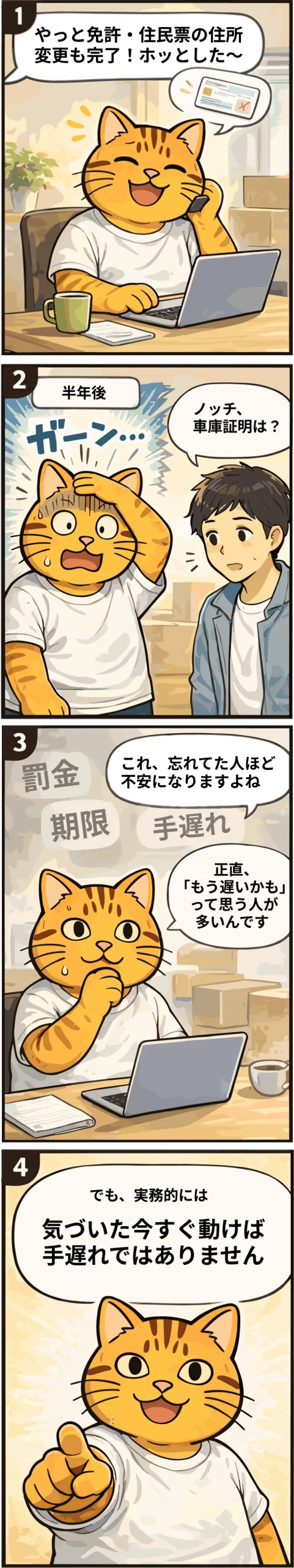 免許・住民票の住所更新も完了したが、車庫証明の手続きをしていないことを指摘され、不安になる。ただ、今すぐ対応すれば手遅れでないことを示した4コマ漫画。