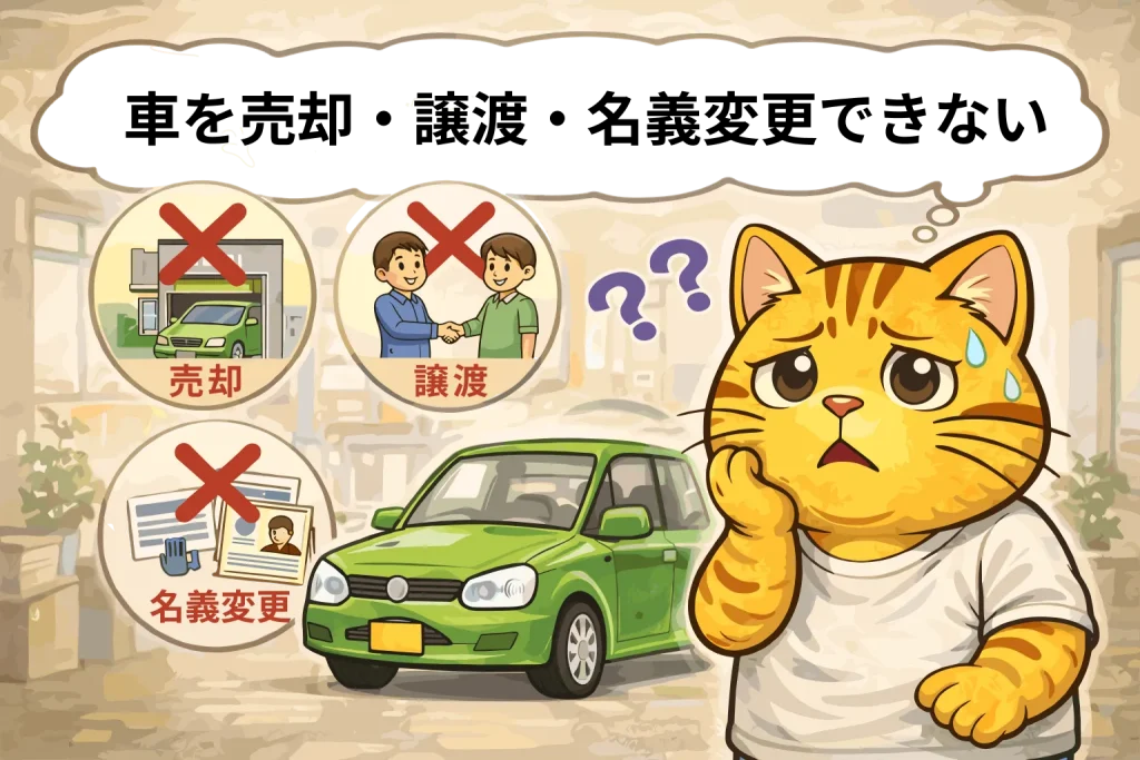 車検証の住所変更が完了していない場合、車を売却・譲渡・名義変更できないことを示す図