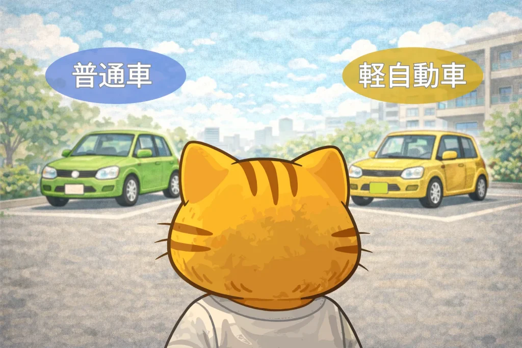 車検証の住所変更を行う前に、普通車か軽自動車かを確認することを示している図