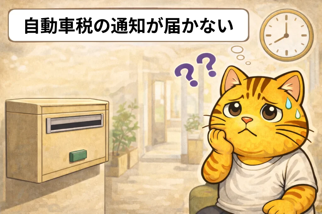 車検証の住所変更が完了していない場合、自動車税の通知が届かないことがあることを示す図