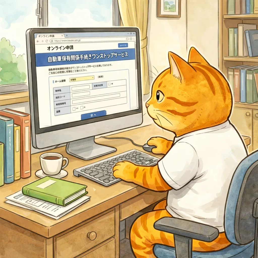 車検証の住所変更をオンラインから行おうとパソコンに向かっていることを示す図