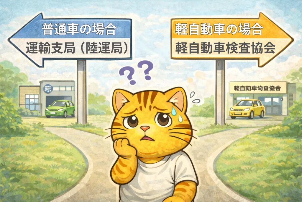 車検証の住所変更をする際、普通車の場合は運輸支局（陸運局）、軽自動車の場合は軽自動車検査協会に行くことを指し示す図